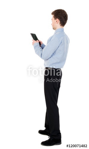 299x500 Back View Of Business Man Uses Mobile Phone. Curly Man In