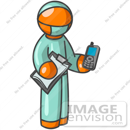 450x450 Clip Art Graphic Of An Orange Guy Character Doctor Holding A Cell