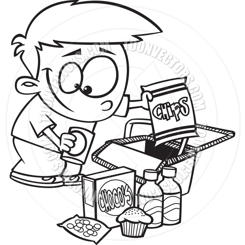 940x940 Cartoon Boy Packing A Picnic Basket (Black And White Line Art) By