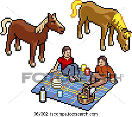 450x400 Clip Art Of Two People Having A Picnic Next To Two Horses 067002