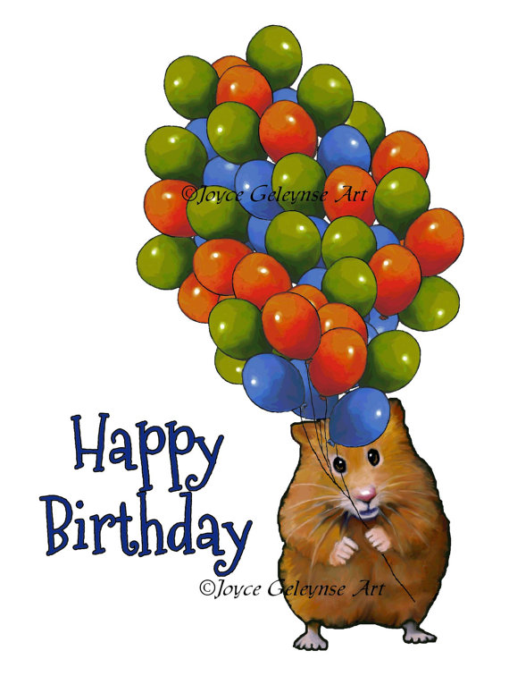 570x756 Clipart, Hand Drawn, Printable, Hamster With Balloons, Happy