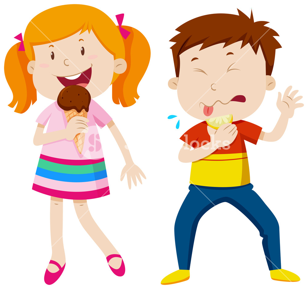 1000x938 Girl Eating Icecream And Boy Eating Lemon Illustration Royalty