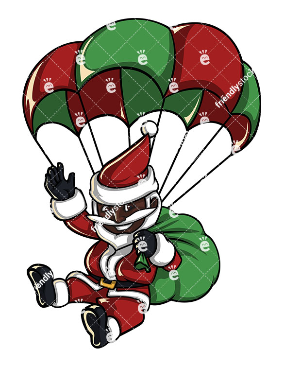585x755 Black Santa Claus With Parachute Cartoon Vector Clipart