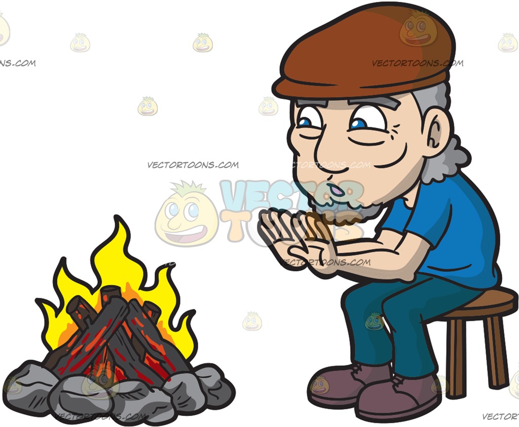 1024x844 An Old Man Warming Himself Around The Camp Fire Cartoon Clipart