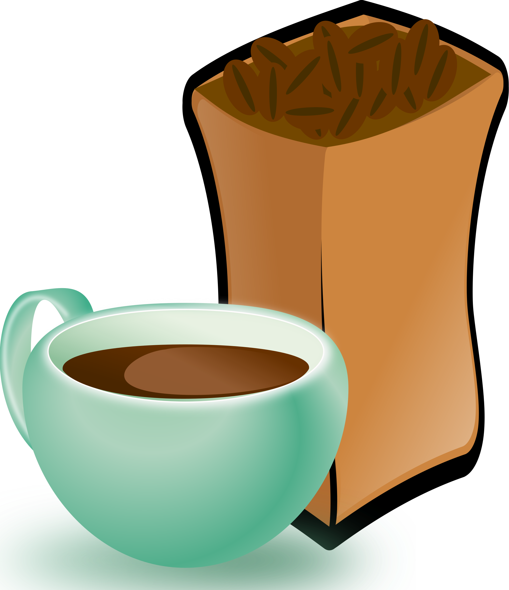 2072x2400 Cup Of Coffee With Sack Of Coffee Beans Icons Png