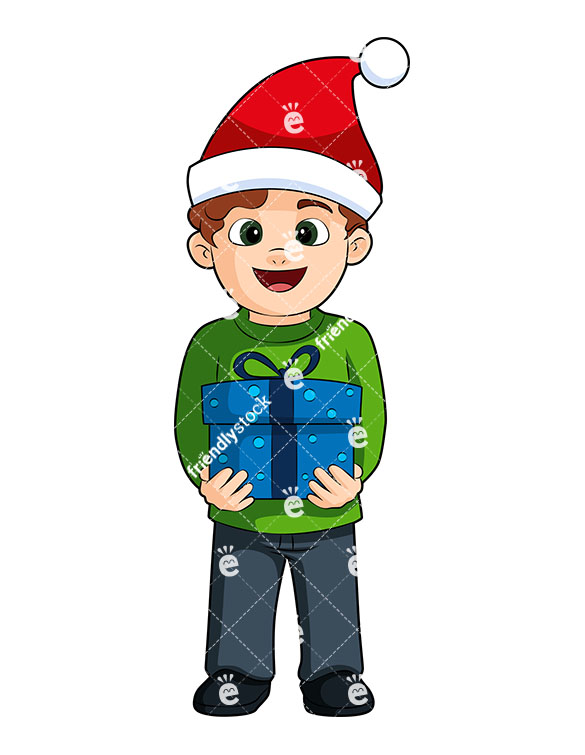 585x755 Boy Holding Christmas Present Wearing Santa's Hat Cartoon Vector