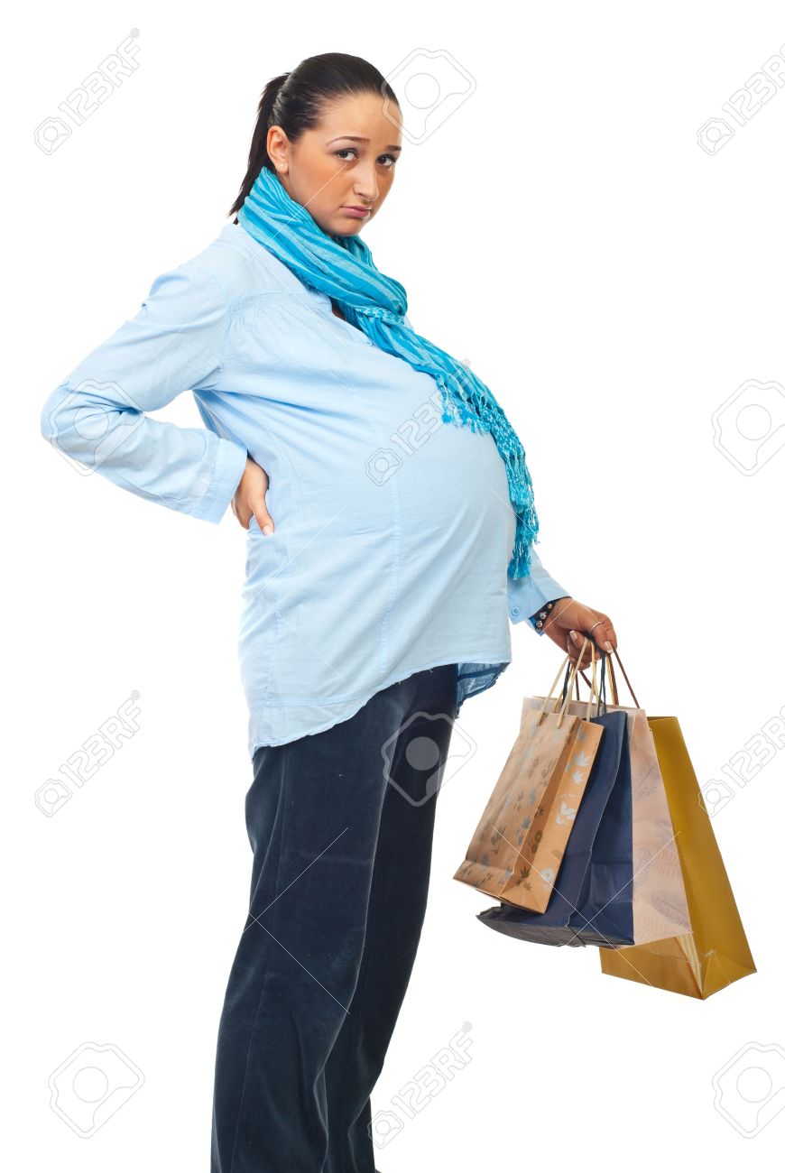 870x1300 Tired Pregnant Woman With Backache Holding Shopping Bags Isolated