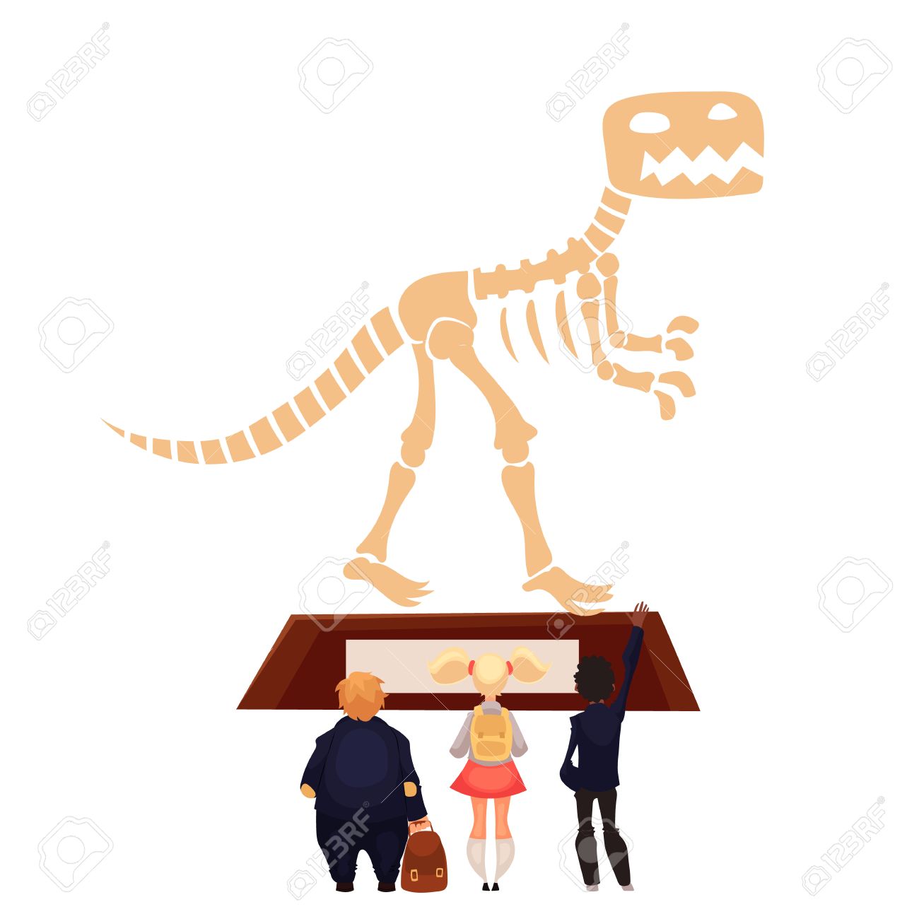 1300x1300 Kids In Museum Looking At Dinosaur Skeleton, Cartoon Style Vector