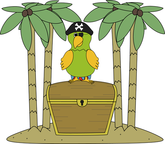 550x479 Pirate Parrot On An Island With Treasure Chest Clip Art