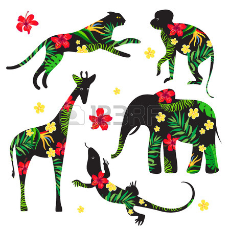 450x450 Set Silhouettes Of Wild Animals With A Tropical Floral Print