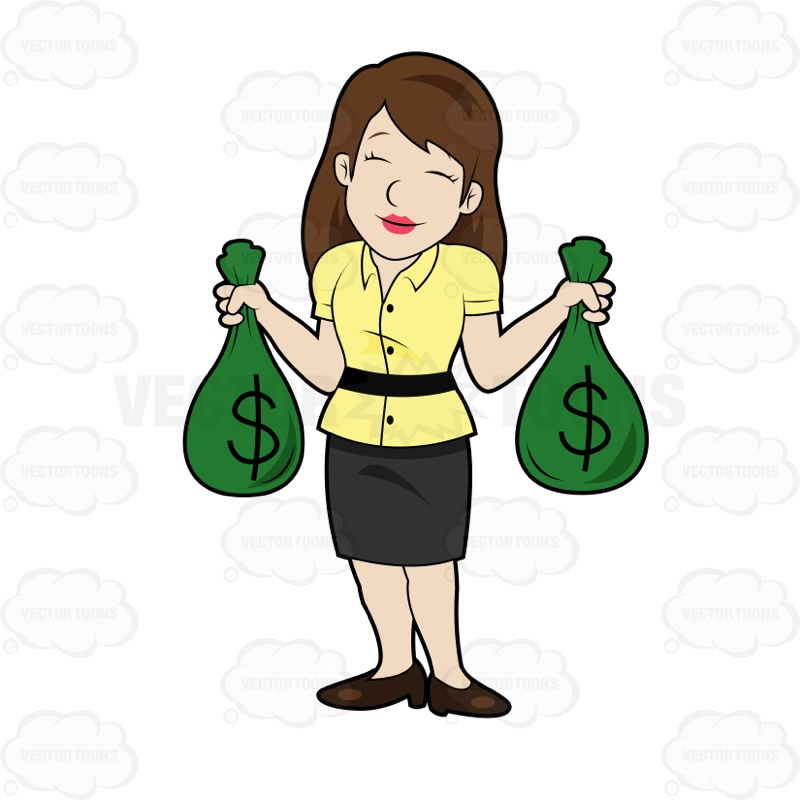 800x800 Young Lady Holding Bags Of Money Cartoon Clipart