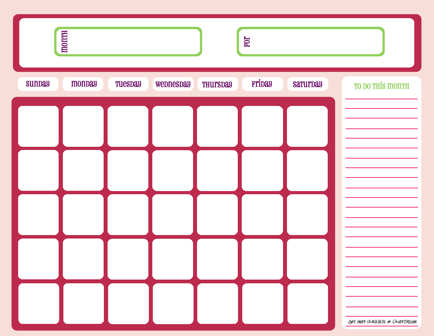 1650x1275 Blank Month Calendar Pinks Free Printable Downloads From Choretell