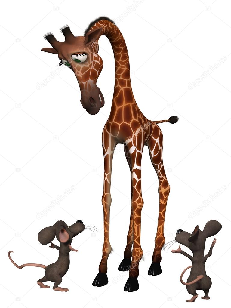 768x1024 Giraffe With Two Cartoon Mice. Tall Small Concept Stock Photo