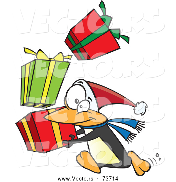 600x620 Vector Of Cartoon Christmas Penguin Rushing With Stack Of Presents