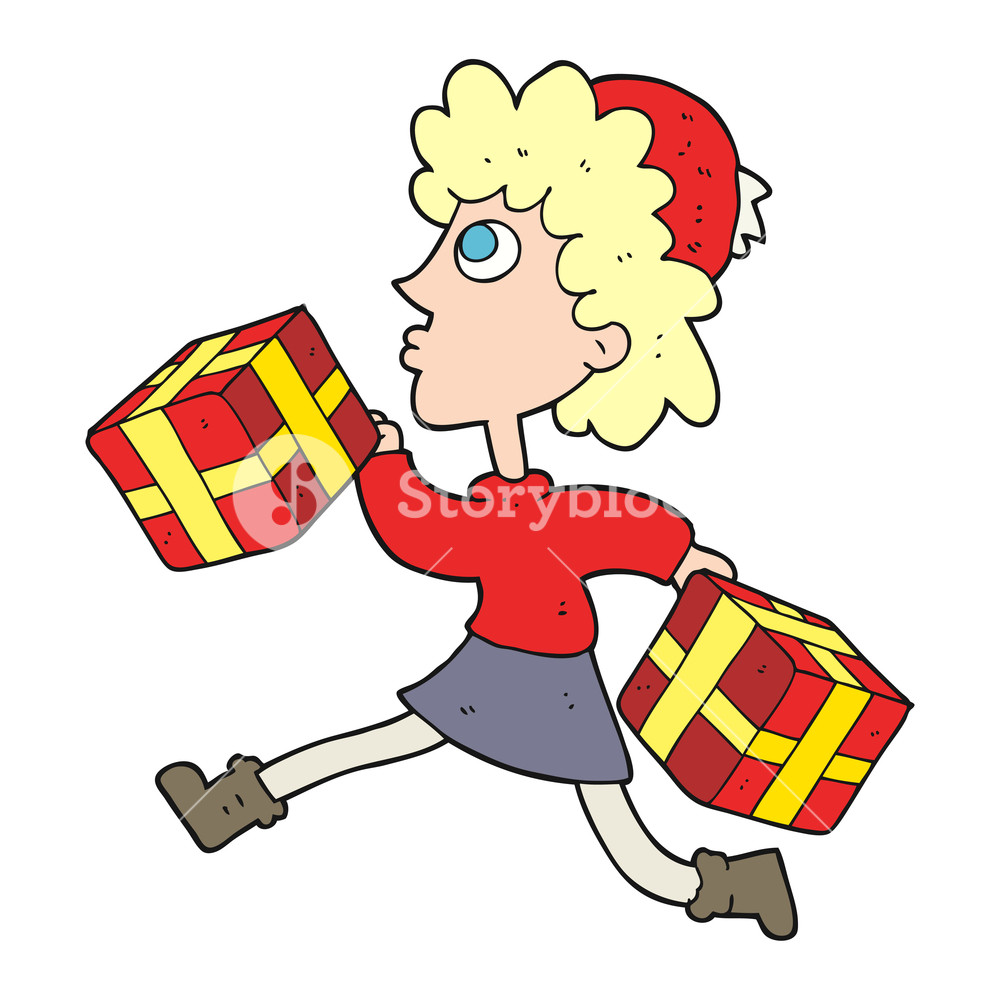1000x1000 Freehand Drawn Black And White Cartoon Running Woman With Presents