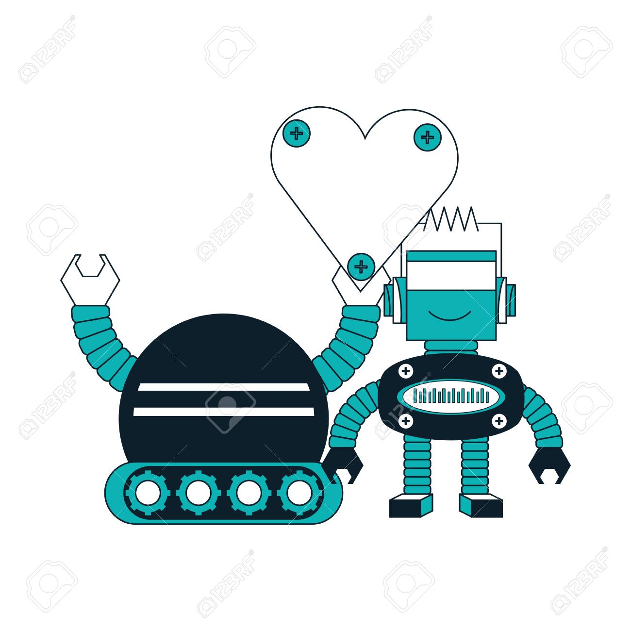 1300x1300 Cartoon Robots Couple With Heart Icon Over White Background
