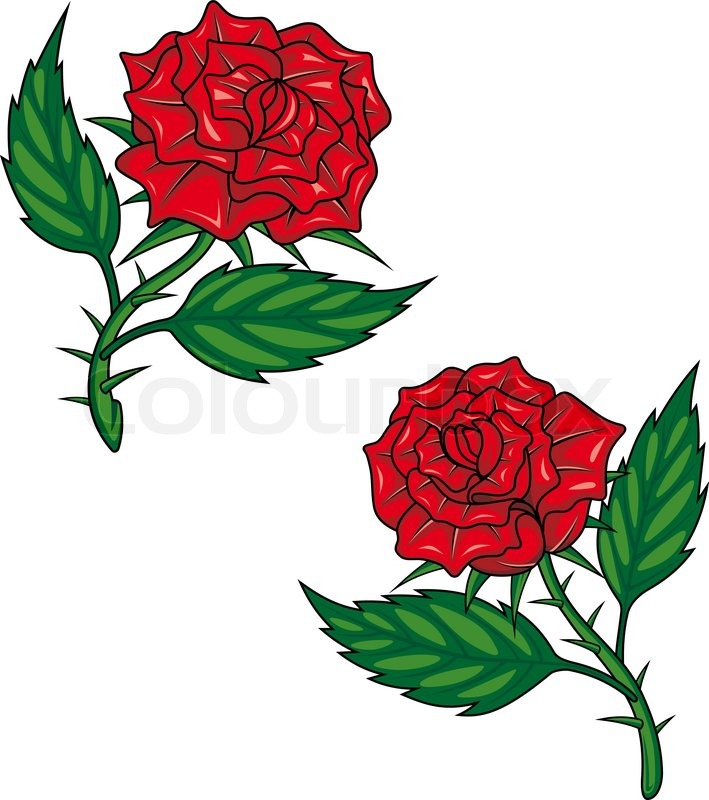 709x800 Two Red Cartoon Roses Isolated On White For Tattoo Design Stock