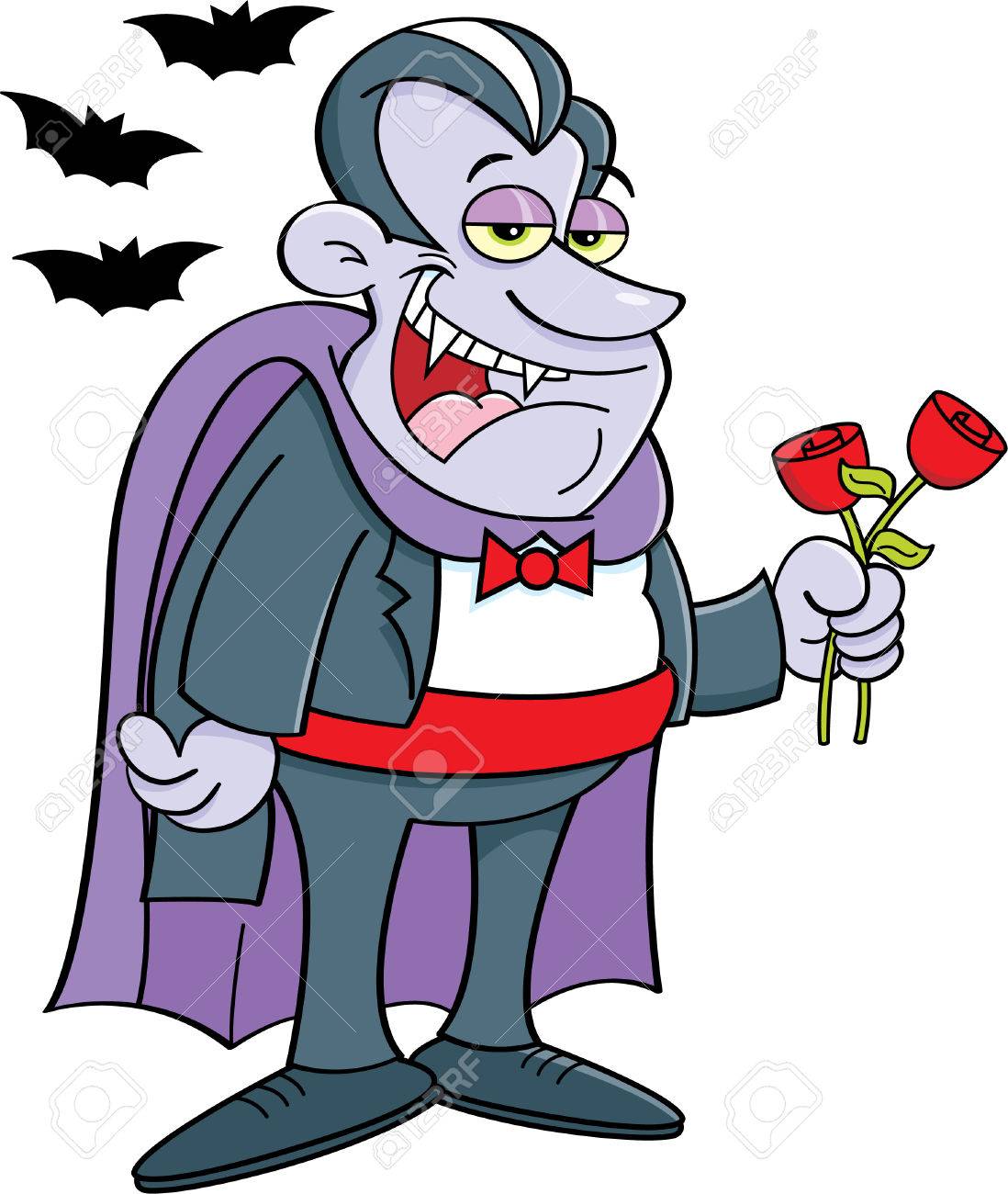 1098x1300 Cartoon Illustration Of A Vampire Holding Roses. Royalty Free