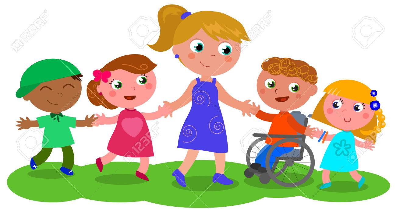 1300x713 Cartoon Teacher Or Baby Sitter With Boys, Girls And Disabled