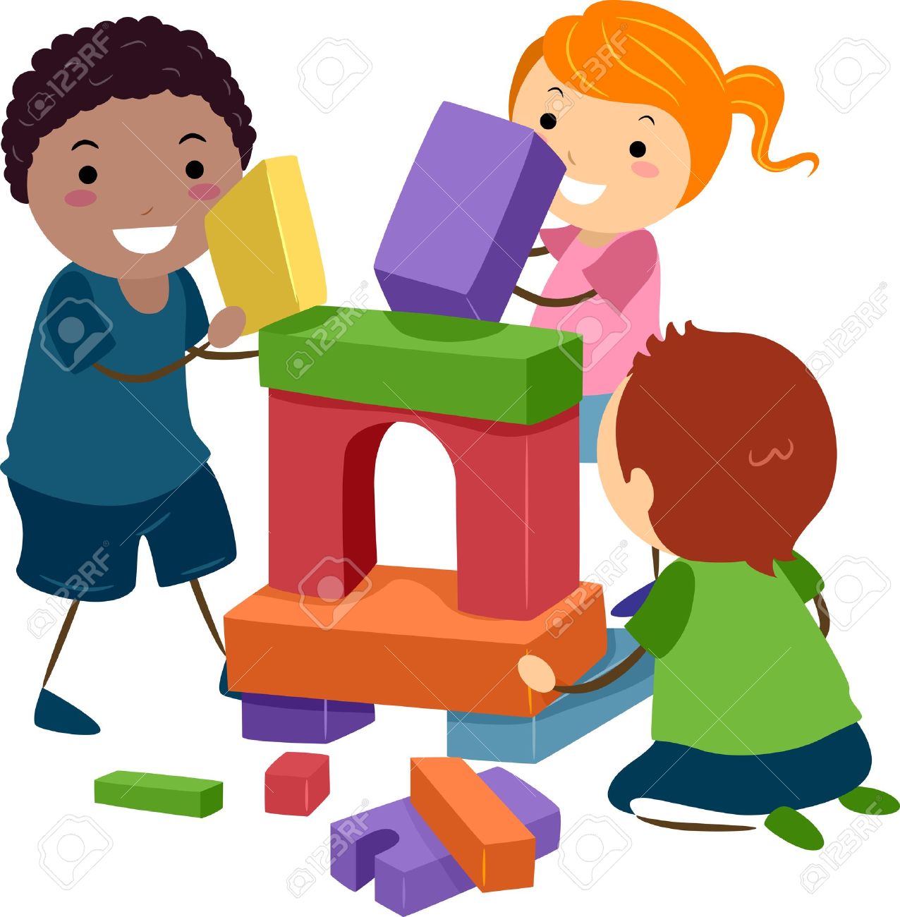 1276x1300 Illustration Of Stick Kids Playing With Building Blocks Stock
