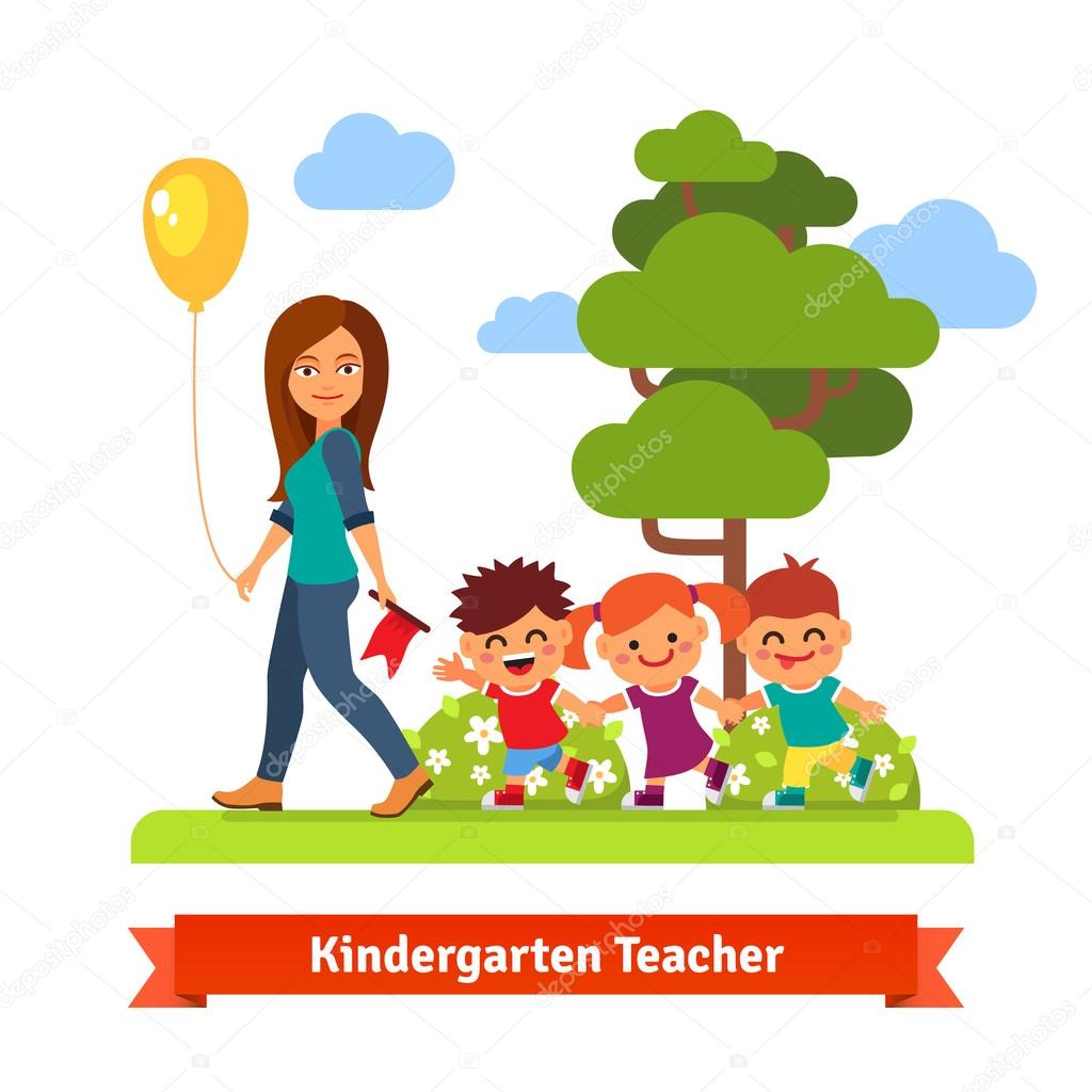 1024x1024 Kindergarden Teacher Walking With Kids Stock Vector