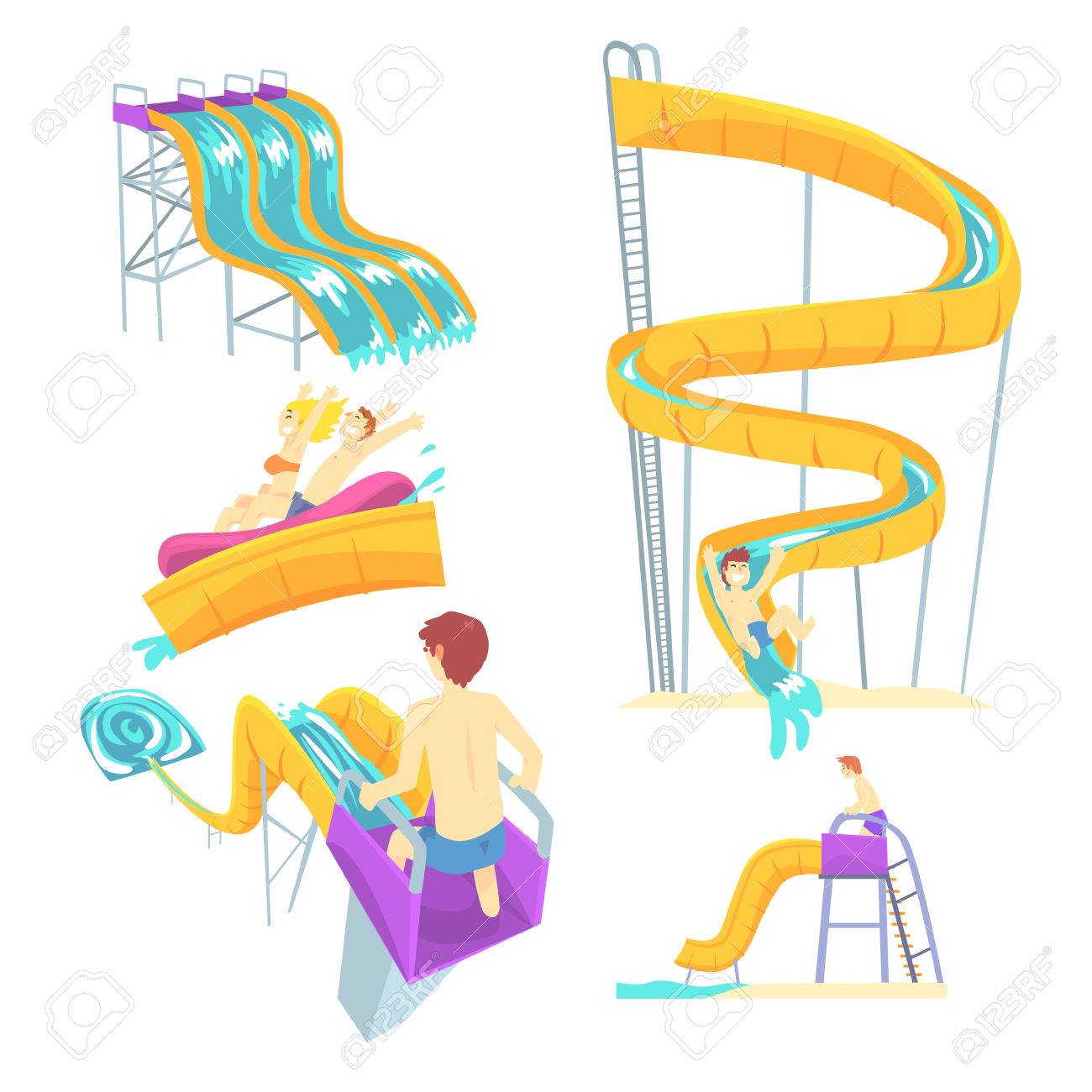 1300x1300 People Having Fun Playing Water Slides, Set For Label Design
