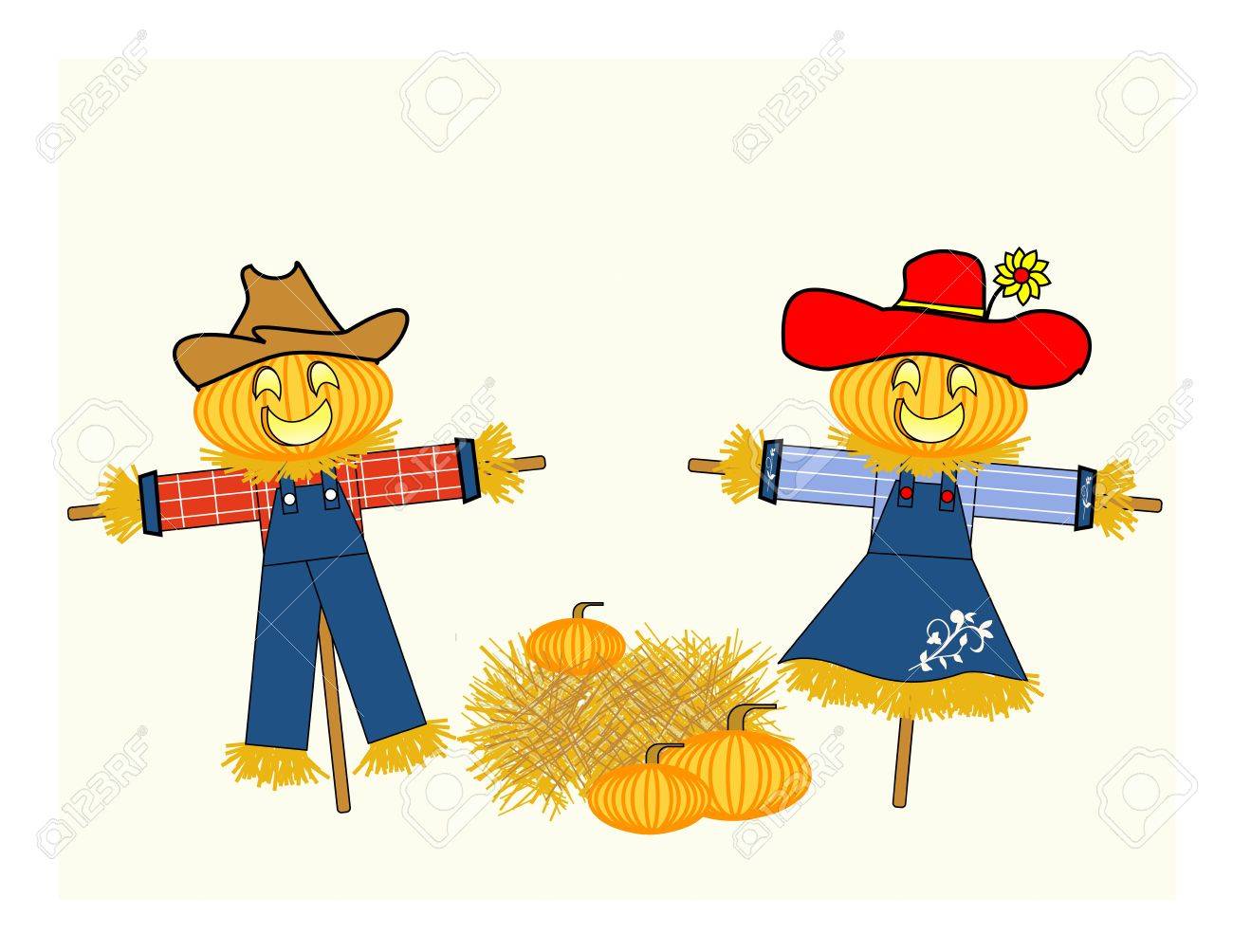 1300x1004 Scarecrows Dressed As A Man And A Woman With Carved Pumpkin Heads