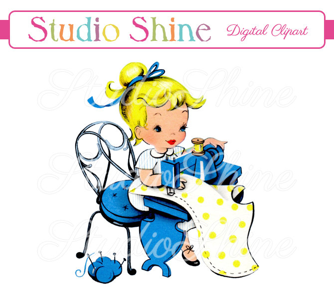 670x600 Vintage Digital Clipart Girl Sewing Printable Image Cute