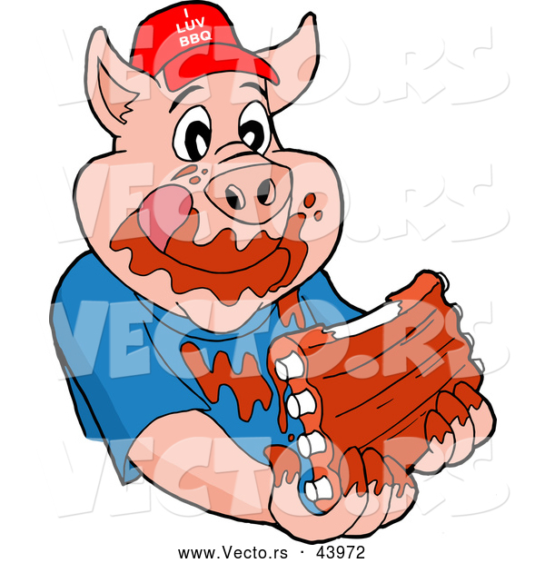 600x620 Vector Of A Happy Cartoon Pig Eating Tasty Ribs Covered With Bbq