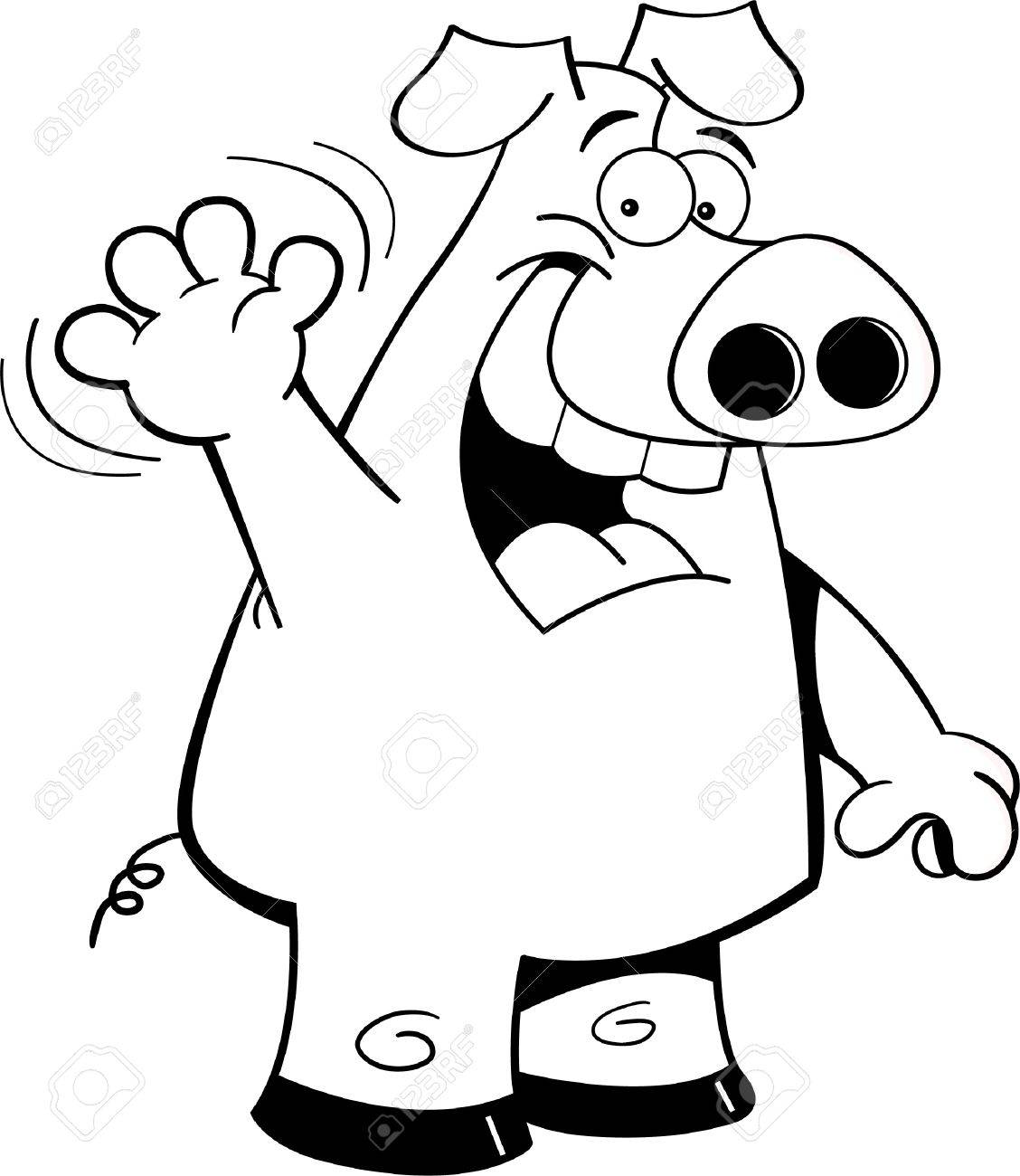 1128x1300 Black And White Illustration Of A Happy Pig Waving Royalty Free