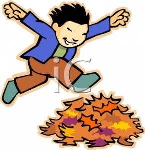 291x300 Colorful Cartoon Of A Boy Jumping Into A Pile Of Autumn Leaves