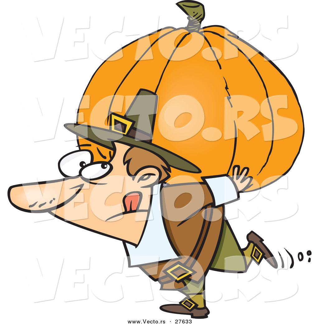 1024x1044 Vector Of A Cartoon Pilgrim Man Carrying Heavy Pumpkin On His Back