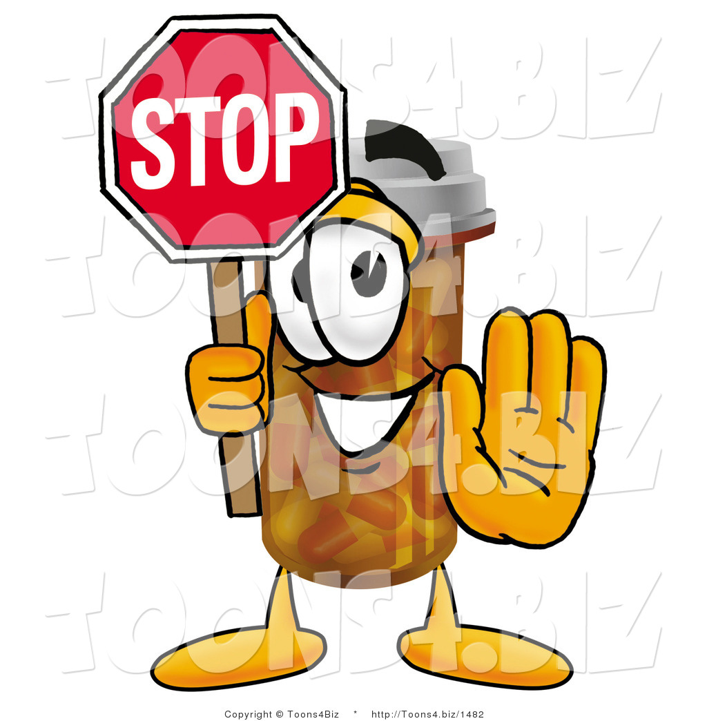 1024x1044 Illustration Of A Cartoon Pill Bottle Mascot Holding A Stop Sign