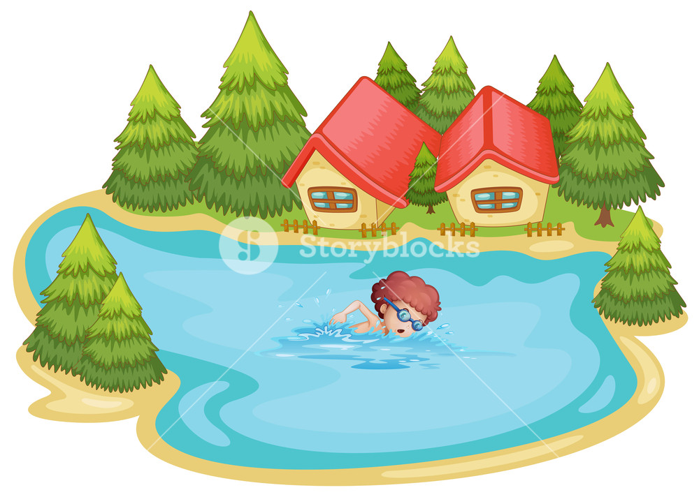 1000x712 Illustration Of A Beach Near The Pine Trees With A Boy Swimming