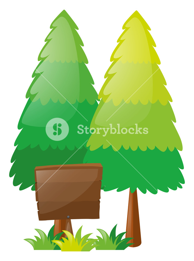 746x1000 Wooden Sign And Two Pine Trees Illustration Royalty Free Stock