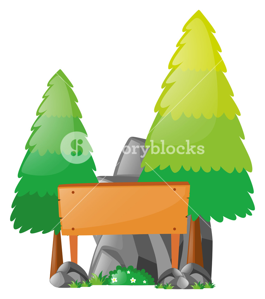 887x1000 Wooden Sign Template Between Pine Trees Illustration Royalty Free