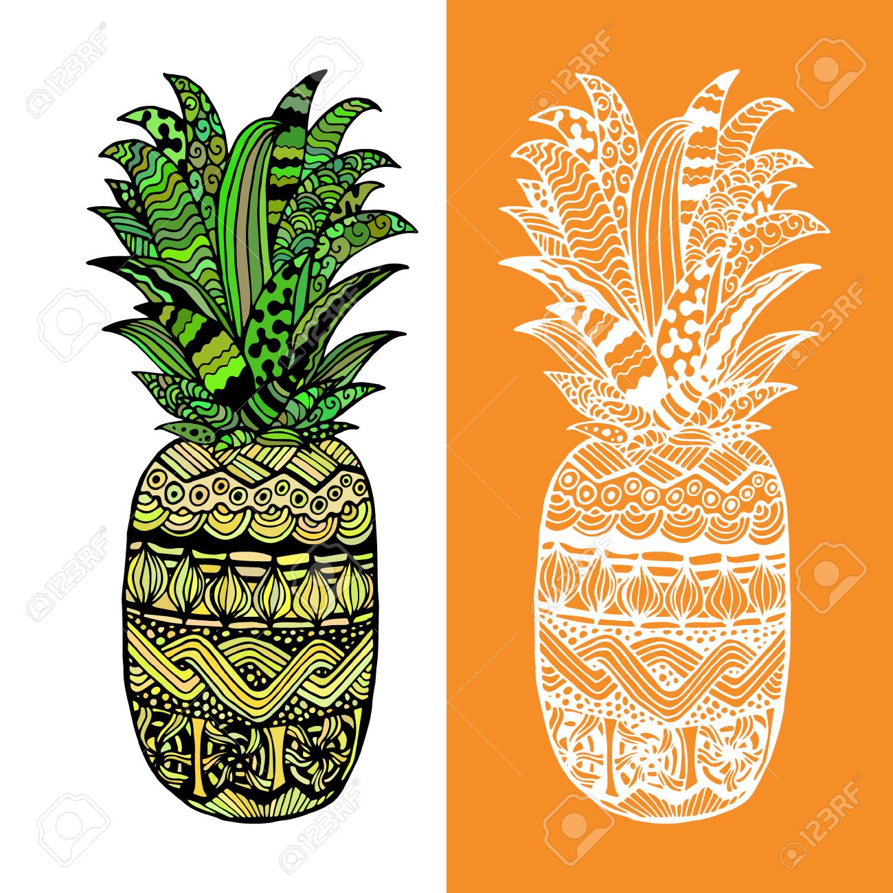 1300x1300 Hand Drawn Vector Pineapple. Black White Yellow And Green Graphic
