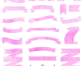 340x270 Coral Watercolor Ribbon Banner Clipart. Scrapbook Printables, Pink