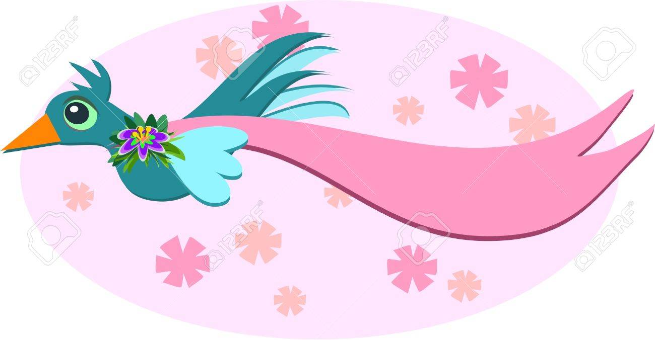 1300x676 Graceful Bird With A Pink Banner Royalty Free Cliparts, Vectors