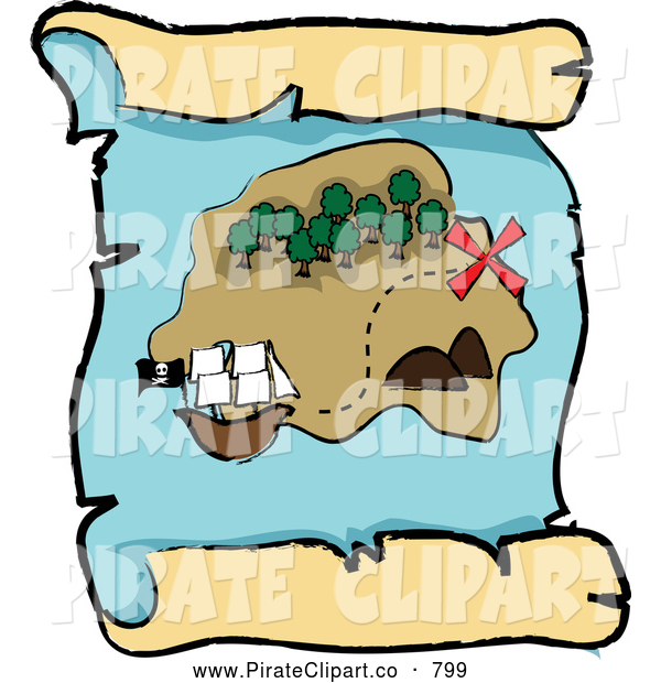 600x620 Vector Clip Art Of A Pirate Ship Near An Island On A Scroll