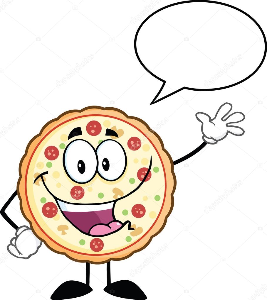 909x1023 Funny Pizza Cartoon Mascot Character Waving With Speech Bubble