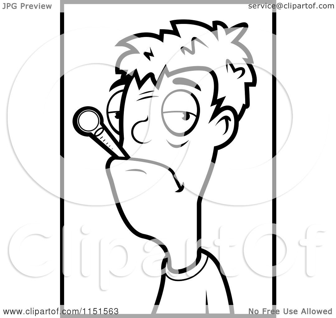 1080x1024 Cartoon Clipart Of A Black And White Sick Man With A Thermometer