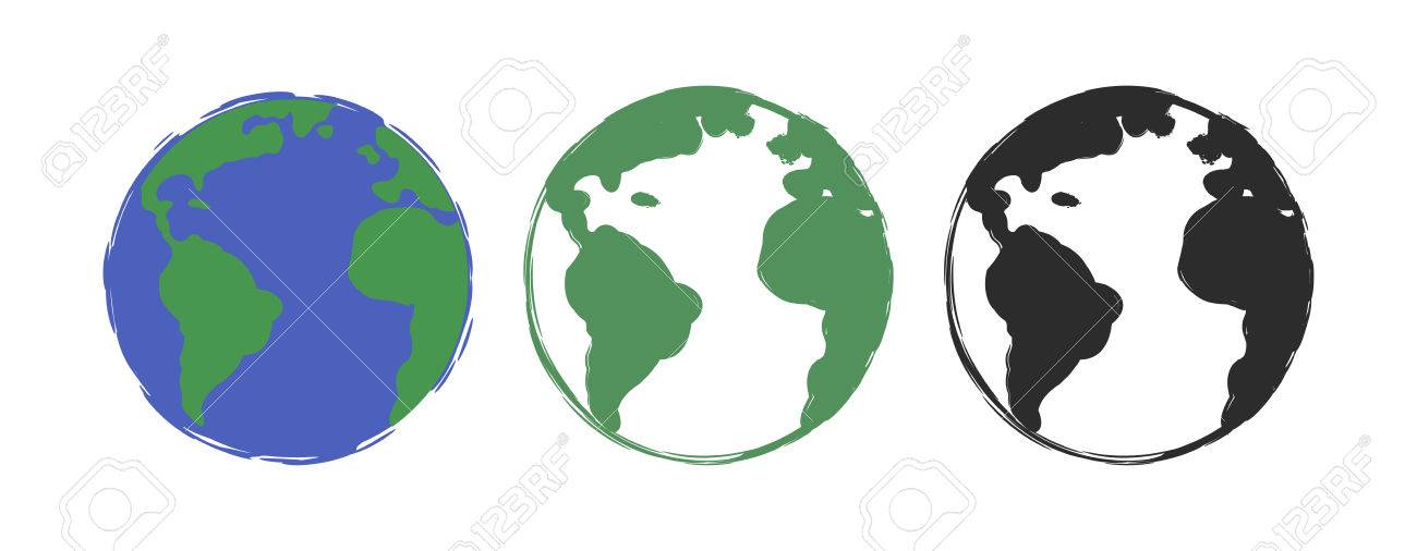 1300x506 Planet Earth Grunge Scratched Drawing Paint Icons. Vector Color