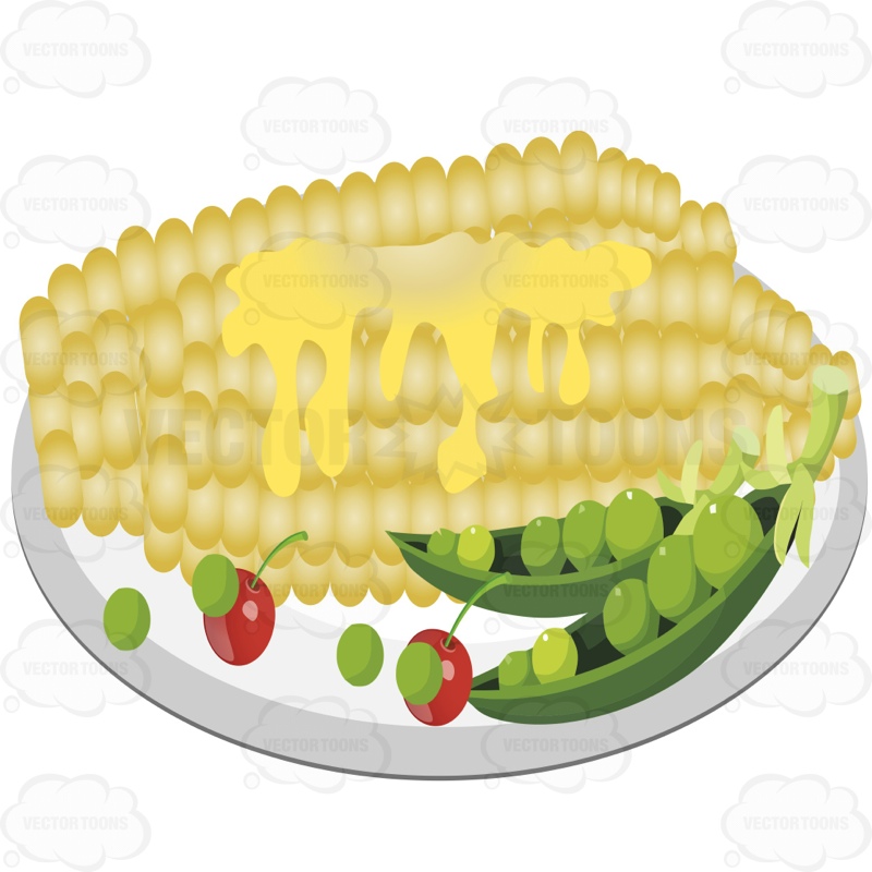800x800 Plate Of Corn On The Cob With Butter Peas And Cherries Cartoon