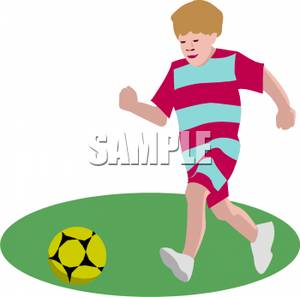 300x297 Boy Running And Kicking A Soccer Ball Clip Art Image