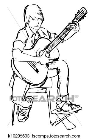 299x470 Clipart Of Sketch Of Boy Playing On The Guitar K10295693