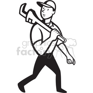 300x300 Royalty Free Black And White Plumber Monkey Wrench Walk 388112