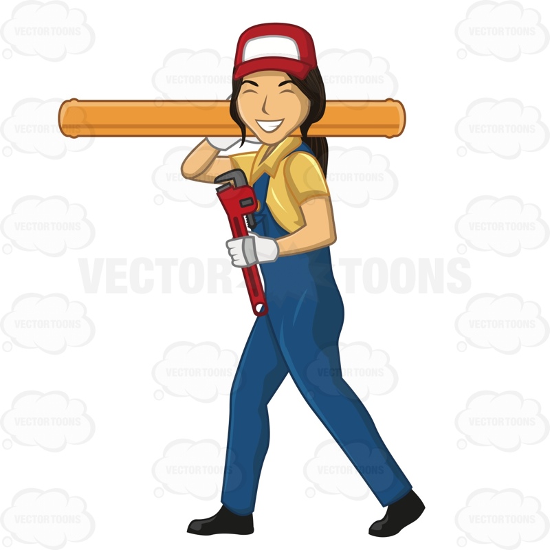 800x800 Female Plumber Smiling And Walking While Carrying A Large Pipe Pipes