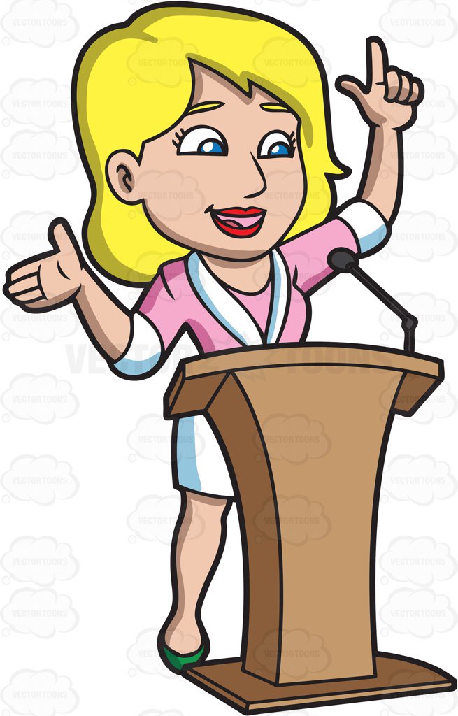 655x1024 An Energized Woman Speaking Behind A Podium Cartoon Clipart