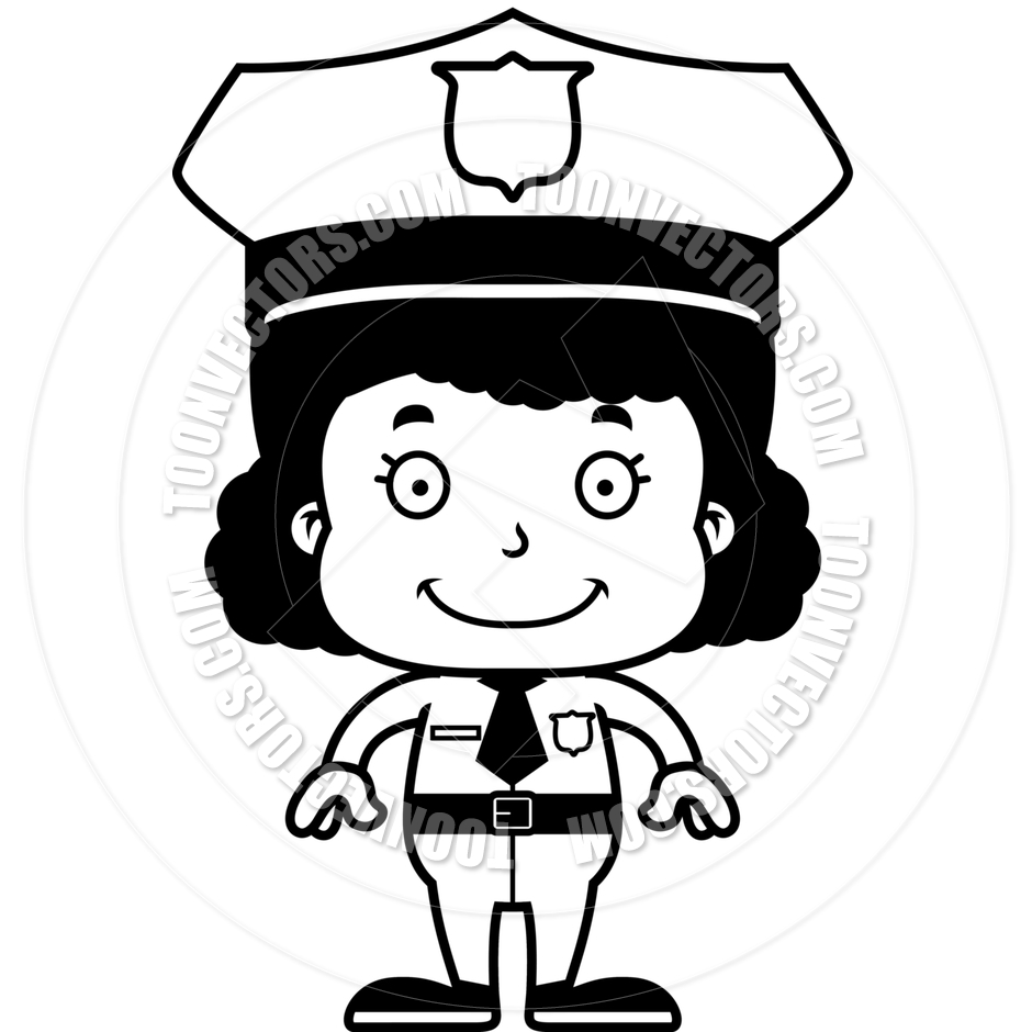 940x940 Cartoon Smiling Police Officer Girl (Black And White Line Art) By